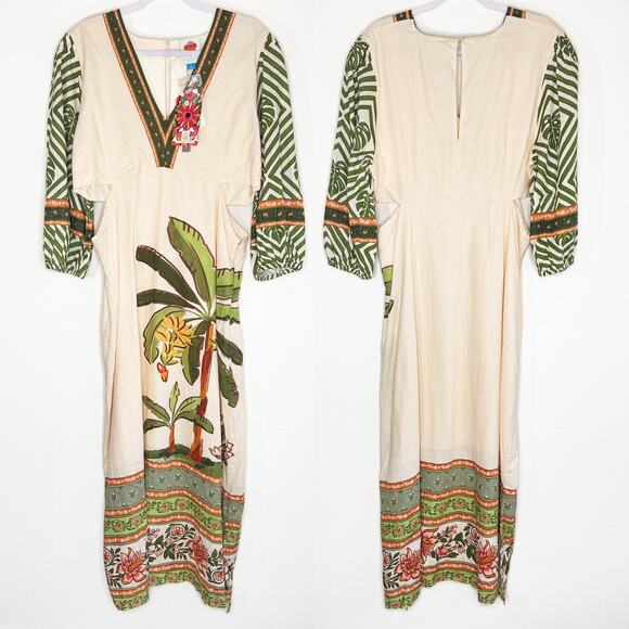 NWT Anthropologie Farm Rio Palm Tree V Neck Puff Sleeve Cut Out Waist Midi Dress - Picture 3 of 15